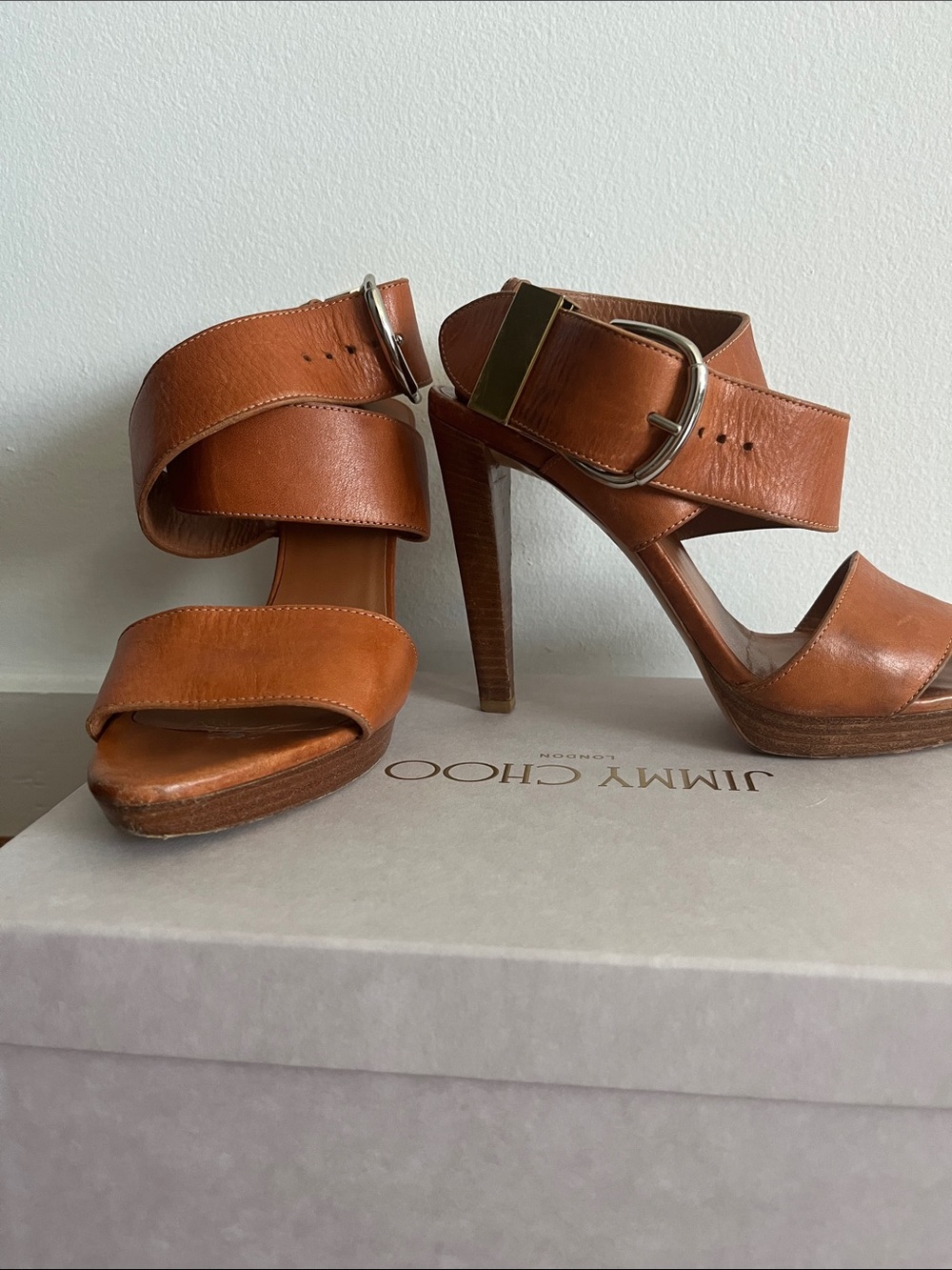 Balenciaga Brown Leather High Heel Buckle Sandals